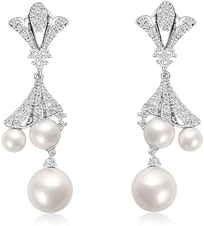 925 Sterling Silver Post Vintage Pearl Dangle Earrings for Women Girls Wedding Bridal Rhinestone Crystal Gold Black Pearl Drop Earrings for Wife Mom Her