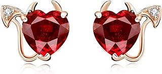 Stylish Push-Back 15mm Stud Earrings - Amy & Annette 18K Gold Plated & Created Ruby Design for Women, Devil Heart Shape