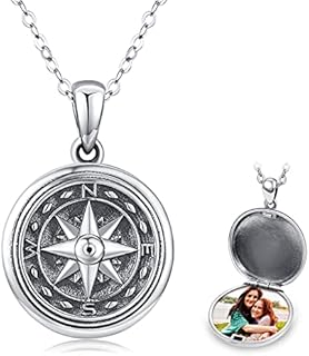 TANGPOET Compass Locket Necklace for Men Women,925 Oxidized Silver Lockets Necklace that Holds Two Pictures Memorial Photo Jewelry Thanksgiving Graduation Gifts for Him Her