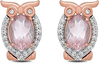 Enchanted Disney Jewelry by Jewelili - Sterling Silver & 10K Rose Gold Aurora Owl Stud Earrings with Oval Shaped Pink Quartz & Natural White Round Diamonds, Push Back Design