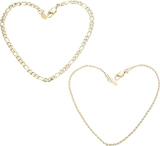 JOERICA 2 Pcs Gold Chain Anklet Bracelet for Men Women Rope Figaro Chain Foot Anklets Stainless Steel Link Set for Beach or Party Foot Jewelry