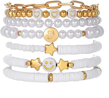 Preppy Heishi Surfer Bracelets Set, Colorful White Gold Smile Heart Star Evil Eye Beaded Polymer Clay Pearl Stackable Charm Y2K Kidcore Aesthetic Summer Beach Jewelry for Women Girls Teens