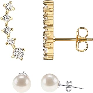 PAVOI 14K Gold Plated 925 Sterling Silver Post Cubic Zirconia Crawler Earrings Pearl Studs Set | CZ Climber Earrings, Pearl Studs Pack for Women