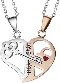 Jude Jewelers Stainless Steel Box Chain Necklace with Cubic Zirconia Heart-Lock & Key Dual Pendants