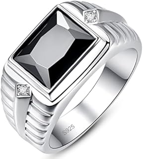 5.3ct 8X10mm Rectangle Cut Black Onyx Ring for Men Obsidian Ring for Men Paved White Cubic Zirconia 925 Sterling Silver Rings for Men Wedding Ring Engagement 11mm Bands Size 6-12