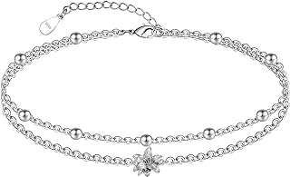 Ankle Bracelets for Women 925 Sterling Silver Anklet Flower/Owl/Sun/Whale/Palm Tree Summer Double Anklet Dainty Adjustable Ankle Bracelet 9 to 10 Inches