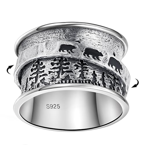 925 Sterling Silver Spinner Fidget Rings for Women Tree of Life/Celtic Tree/Deer & Pine/Bear & Pine Anxiety Relief Rings Wide Ring Bands Statement Jewelry for Women Size 6-10