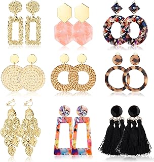 HAIAISO 9Pairs Clip on Drop Earrings for Women Statement Rattan Resin Acrylic Tassel Drop Dangle Earrings Lightweight Geometric Hoop Non Piercing Earrings-style