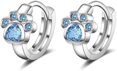 Lever Back Sterling Silver Cat Hoop Earrings with Cubic Zirconia for Women and Teen Girls - Cat Paw Print Design