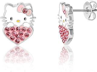 Hello Kitty Heart Stud Earrings for Women Official License, Silver Flash-Plated with Enamel Plating and Pink Crystals