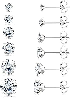 6-Pair Set Stainless Steel Stud Earrings for Men & Women, Hypoallergenic & Tarnish-Free with Cubic Zirconia Gems & Secure Push Back Design by Jstyle