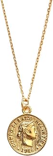 Dtja Carved Gold Coin Pendant Necklace for Women Girls 925 Sterling Silver 18K Gold Plated Simple Round Chain Goddess Worship Celebrity Medal Reversible Keepsake Chic Choker Fashion Jewelry Gifts Box