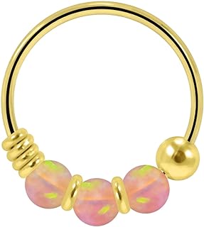PiercingPoint Triple Opal Stone 9K Solid Yellow Gold 22 Gauge Hoop Nose Ring - Cartilage Hoop - Tiny Nose Hoop - Tragus Ring