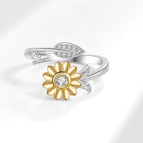 925 Sterling Silver Sunflower Ring Open Adjustable Statement Rings Handmade Boho Thumb Band Ring for Women Girls
