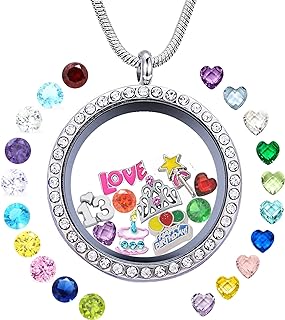 Birthday Gifts for Girl Her, Floating Living Memory Locket Necklace Pendant with Charms & Birthstones for 6th 7th 8th 9th 10th 11th 12th 13th 14th 15th Sweet 16 18th 21st 30th