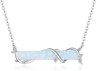 Horizontal Bar Necklace Sterling Silver Leaf Bar Pendant White/Blue/Green Opal Necklace Opal Jewelry Gifts for Women Teen Girls