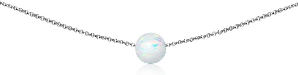 8mm Synthetic White Opal Bead Necklace for Women, Sterling Silver with Rolo Chain and Spring Ring Clasp - 13 inch Dainty Layered Choker