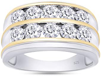 Round Cut Moissanite Diamond Men's Wedding Band Ring in Two-tone 14K Rose Gold Plated Silver - Size 8