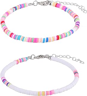 2pcs Bohemian Anklet, Adjustable Soft Pottery Flat Bead Anklets Bracelets Stylish Beaded Colorful Boho Ankle Bracelets String Foot Chain for Women Girls (White, Multicolored)