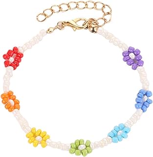 Woman Colorful Flower Beads Bracelet. Waterproof Boho Braided Daisy Seed Bead Bracelet, Surfer Beach Foot Jewelry for Girls