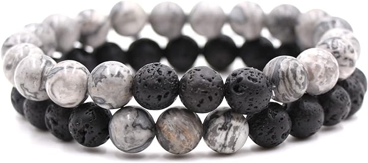 2Pcs Matte Lava Rock Volcanic Stone Beads Stretch Bracelet Stacking Essential Oil Diffuser Tiger Eye Seed Energy Yoga Bracelet for Men Women Couple Stress Relief Healing Aromatherapy Jewelry-G Gray