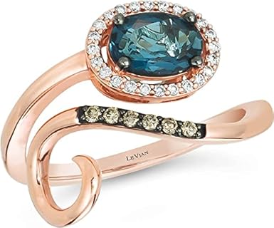 Le Vian Diamond and Oval Blue Topaz Engagement Ring in 14k Rose Gold, Unique Bypass Design, Fancy Brown Diamond Accents, Available Sizes 5-10.5, Perfect Anniversary Promise Ring for Women