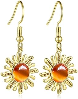 14K Gold Plated Carnelian Sun Dangle Earrings For Women with Unique French Wire Back