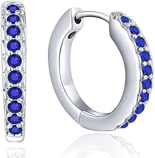 Sterling Silver Sapphire Hoop Earrings with Hinged Hoop Back for Women, Elegant Round Design