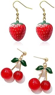 French Wire Clasp, Crystal Cherry and Strawberry Dangle Earrings for Women and Girls - Cute Drop Design Fruit-themed Jewelry