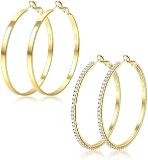 BESTEEL 2 Pairs Big Gold Hoop Earrings for Women 14K Gold Filled Large Rhinestone Hoop Earrings Hypoallergenic 925 Sterling Silver Post Thin Gold Hoops Set Lightweight 30/40/50/60/70mm