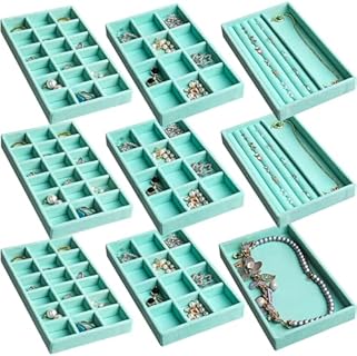 Turquoise Stackable Jewelry Organizer Trays by Frebeauty for Women and Girls with Velvet Inserts - Ideal for Ring, Necklace & Earring Storage, Set of 9 Trays with Adjustable Compartments