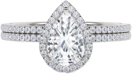 Halo Pear Cut Moissanite Bridal Ring Set - Adjustable Size in 925 Sterling Silver or 10K/14K/18K White Gold, Classic Scalloped Halo Design Engagement Ring and Wedding Band Set, Available in 1-3 Carats