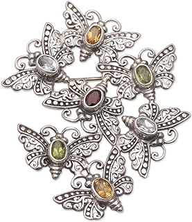 NOVICA Handmade .925 Sterling Silver Multigemstone Brooch Pin Cast 925 Butterfly Indonesia Animal Themed Birthstone [2.5 in L x 1.9 in W x 0.2 in D] 'Butterfly Swarm'