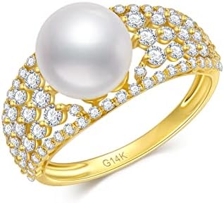 SISGEM Solid 14K Gold 9MM Freshwater Pearl Wedding Ring for Women,Yellow Gold 5A CZ Pearl Engagement Ring/Wedding Anniversary Birthday Gifts for Her,Size 5-11