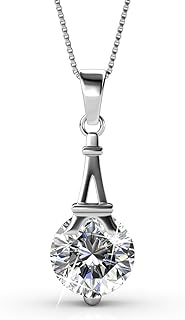 Cate & Chloe Isla 18k White Gold Plated French Pendant Necklace with Box Chain and Lobster-claw Clasp for Women | Elegant Eiffel Tower Design with Round Cut Crystals - Ideal Gift for Her
