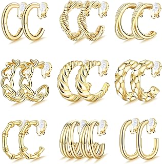 Shakalaka Women's Modern Brass Clip-on Hoop Earrings with Latch Back - Non-Pierced, Chunky Gold Design