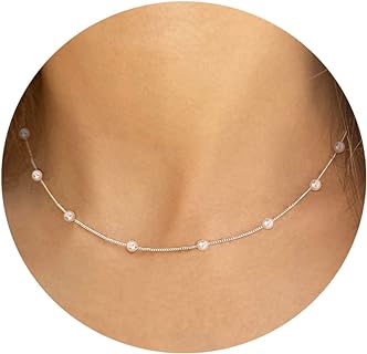 Gold Pearl Necklace for Women, 14K Gold Plated Layered Freshwater Pearl Necklaces for Women Trendy Simple Herringbone Chain Pearl Necklace for Women Girls Gold Jewelry Gifts