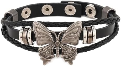 Cuff Bracelet for Women Trendy Pop Punk Grunge Retro Butterfly Faux Leather Rivet Silver Black Chocker Set Adjustable