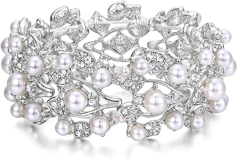 Mother of Pearl Bead Stretch Bracelet with 1920's Leaf Design and Crystal Accents for Women