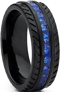Jude Jewelers 8mm Stainless Steel Matte Black Blue Stone Filled Eternity Wheel Tire Pattern Wedding Band Ring