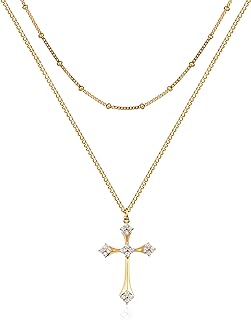 14K Gold Plated Ball-Clasp Cross Choker Necklace with Cubic Zirconia for Women - 2-Layered, Dainty Design