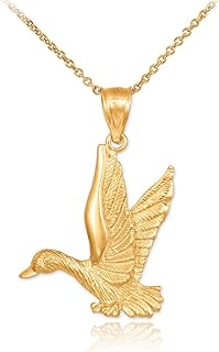 Spring Ring Clasp, 10k Yellow Gold Duck Pendant Necklace, Rolo Chain for Nature Lovers, Flying Design