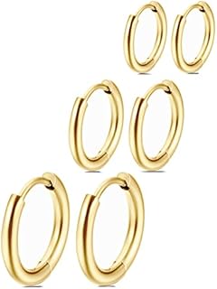 3-Pair 14K Yellow Gold-Plated Stainless Steel Huggie Hoop Earrings for Women in 8mm/10mm/12mm Sizes, Hinged Hoop Back Design, Ideal for Everyday Wear or as Sleeper Earrings - No Gemstone