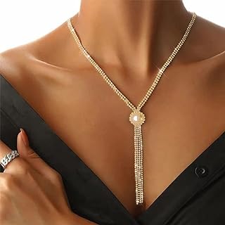 Nicute Rhinestone Y-Necklaces Crystal Long Choker Chain with Pearl Party Choker Necklaces Jewelry for Women and Girls