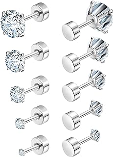 Hypoallergenic Surgical Stainless Steel Flat Back Stud Earrings with Cubic Zirconia and Screw Back Detail for Women by ENVYOU - Elegant Hoop Tragus Piercing Jewelry