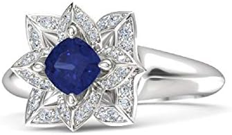 Cushion Cut Created Blue Sapphire 1.00Ctw Lotus Engagement Ring, Sterling Silver with CZ Diamonds, Size 5