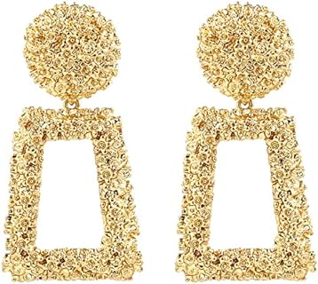 Gold Statement Rectangular Drop Earrings with Alloy Dangle Design for Women - Fashionable Lightweight Large Studs