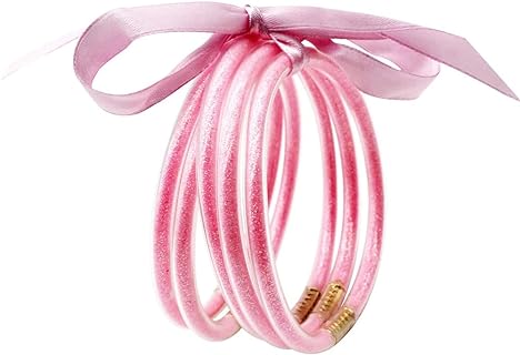 Colorful Bling Women's Silicone Glitter Jelly Bangle Bracelet - Fashionable Five-Circle Design & Zinc Chain - Cute Bow Lace-up, Waterproof, Versatile Jewelry Gift in Assorted Colors
