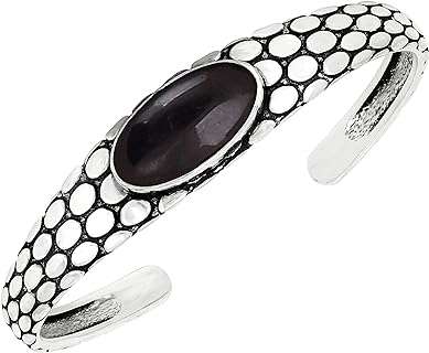 Silver Plated Black Onyx Cuff Bangle Bracelet - 10x20mm Oval Shape for Women - Handcrafted Indian Jewelry with 925 Silver Overlay