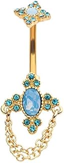 Pierced Owl - 14GA Blue Opalite Cross with Trinity Aqua Crystals and Dangle Chains 316L Surgical Stainless Steel Navel Belly Button Ring
